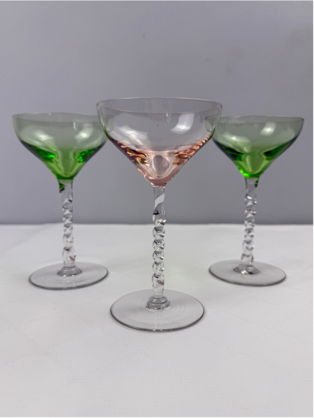 Vintage MCM colored liqueur glass twisted braided stem Set of 3